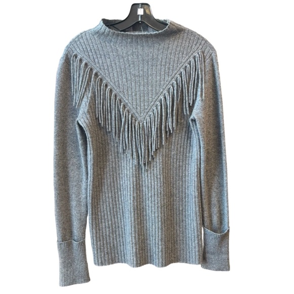 Aqua Cashmere 100% Cashmere triangle fringe mock neck sweater in grey, small - Picture 1 of 5